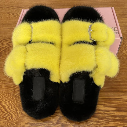 Luxury Designer Slipper Women 2025 Winter European Fashion Women's Shoes Ladies Slippers 100% Mink Slippers Shoes for Woman