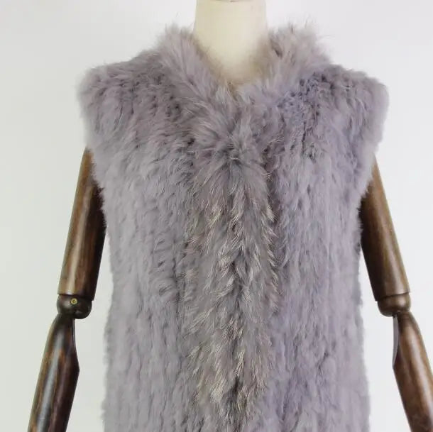 new fashion rabbit fur vest knit rabbit vest 80cm long style for women raccoon fur collar trim fur waistcoat pocket decoration