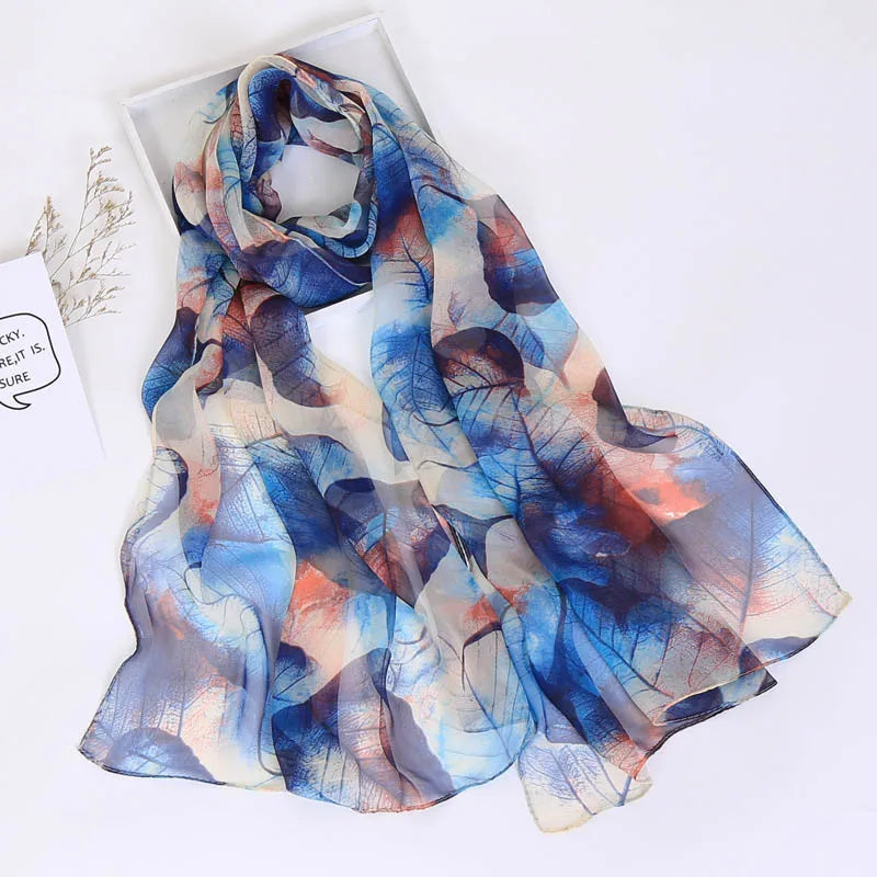 Women Foulard Chiffon Georgette Bandana Scarf Tree Leaf Print Long Shawl Summer Wrap Lady Elegant Thin breathable