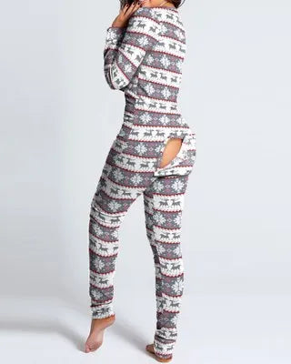 Sexy Pyjama Women's Jumpsuit Suit Button-down Front Back Butt Bum Open Ass Flap Jumpsuit Loungewear Christmas Print Buttoned NEW