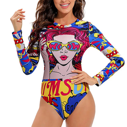 TYAKKVE Surf Swimwear Rash Guard Long Sleeve One Piece Swimsuit For Women Print High Neck Bodysuits Swim Suits Backless Monokini