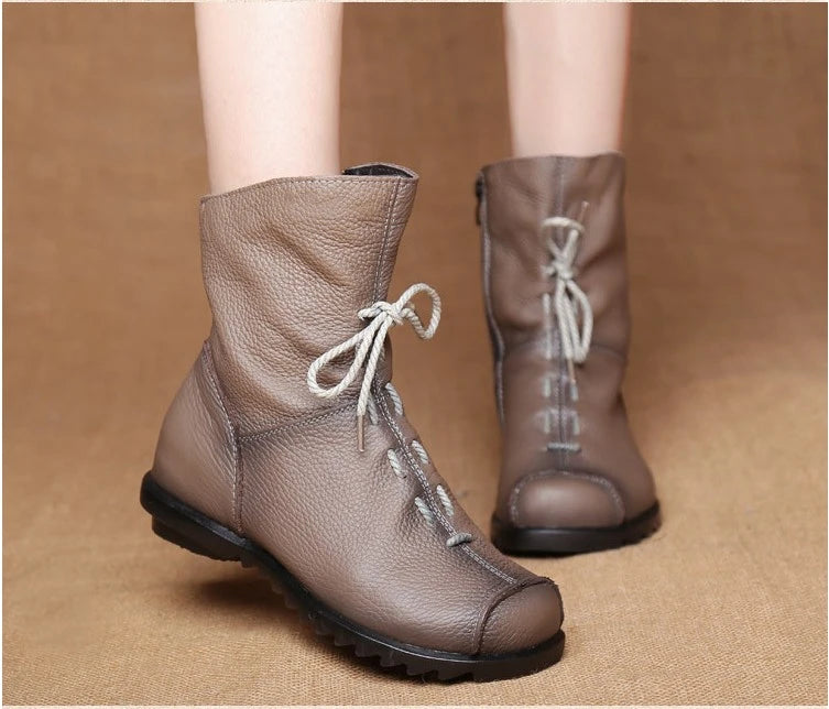 JIANBUDAN/ Genuine Leather Plush Women's Short Boots Retro Casual Autumn Winter Women's Boots Waterproof Leather Warm Snow Boots