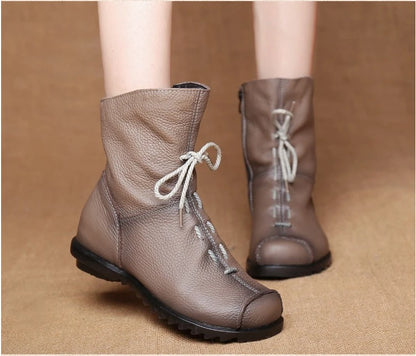 JIANBUDAN/ Genuine Leather Plush Women's Short Boots Retro Casual Autumn Winter Women's Boots Waterproof Leather Warm Snow Boots