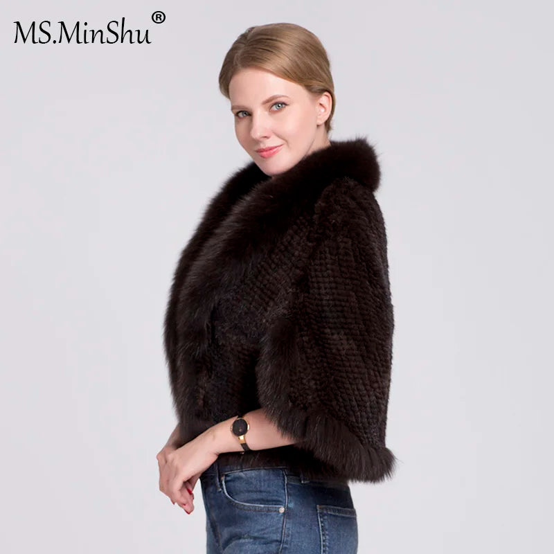Ms.MinShu-Natural Mink Fur Poncho for Women, Trimmed Mink Fur Coat, Fox Fur Collar, Sleeveless, Woven Jacket, Outwear