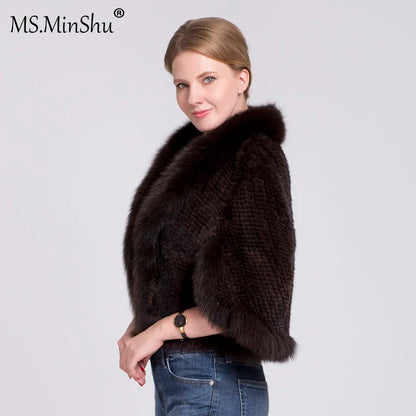 Ms.MinShu-Natural Mink Fur Poncho for Women, Trimmed Mink Fur Coat, Fox Fur Collar, Sleeveless, Woven Jacket, Outwear