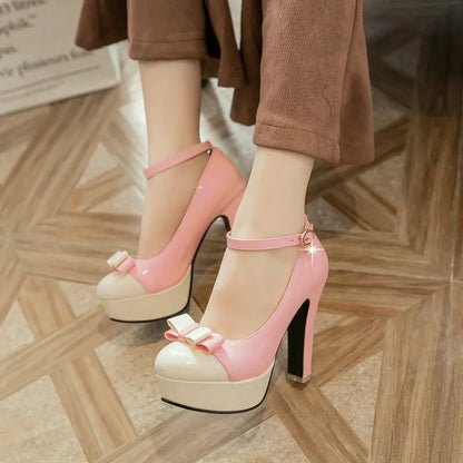 New Platform Square High Heel Women Pumps Sweet Butterfly Knot Women High Heel Shoes Mixed Color Party Women's Shoes