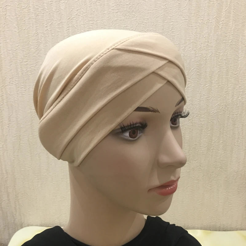 H117 Forehead criss Cross Muslim Turban Pure Color Stretch Inner Hijabs For Caps Ready To Wear Women Head Scarf Under Bonnet