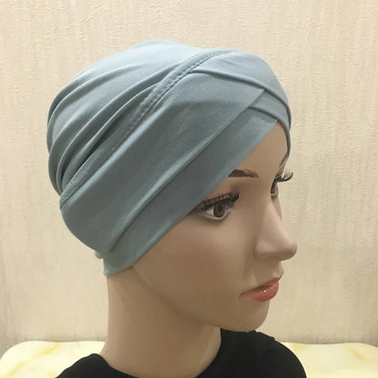 H117 Forehead criss Cross Muslim Turban Pure Color Stretch Inner Hijabs For Caps Ready To Wear Women Head Scarf Under Bonnet