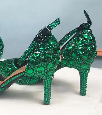 BaoYaFang 2022 NEW ARRIVE Green Crystal Wedding Shoes Woman Thin Heel Pointed Toe Bridal Party Dress Shoe Big Size High Pumps