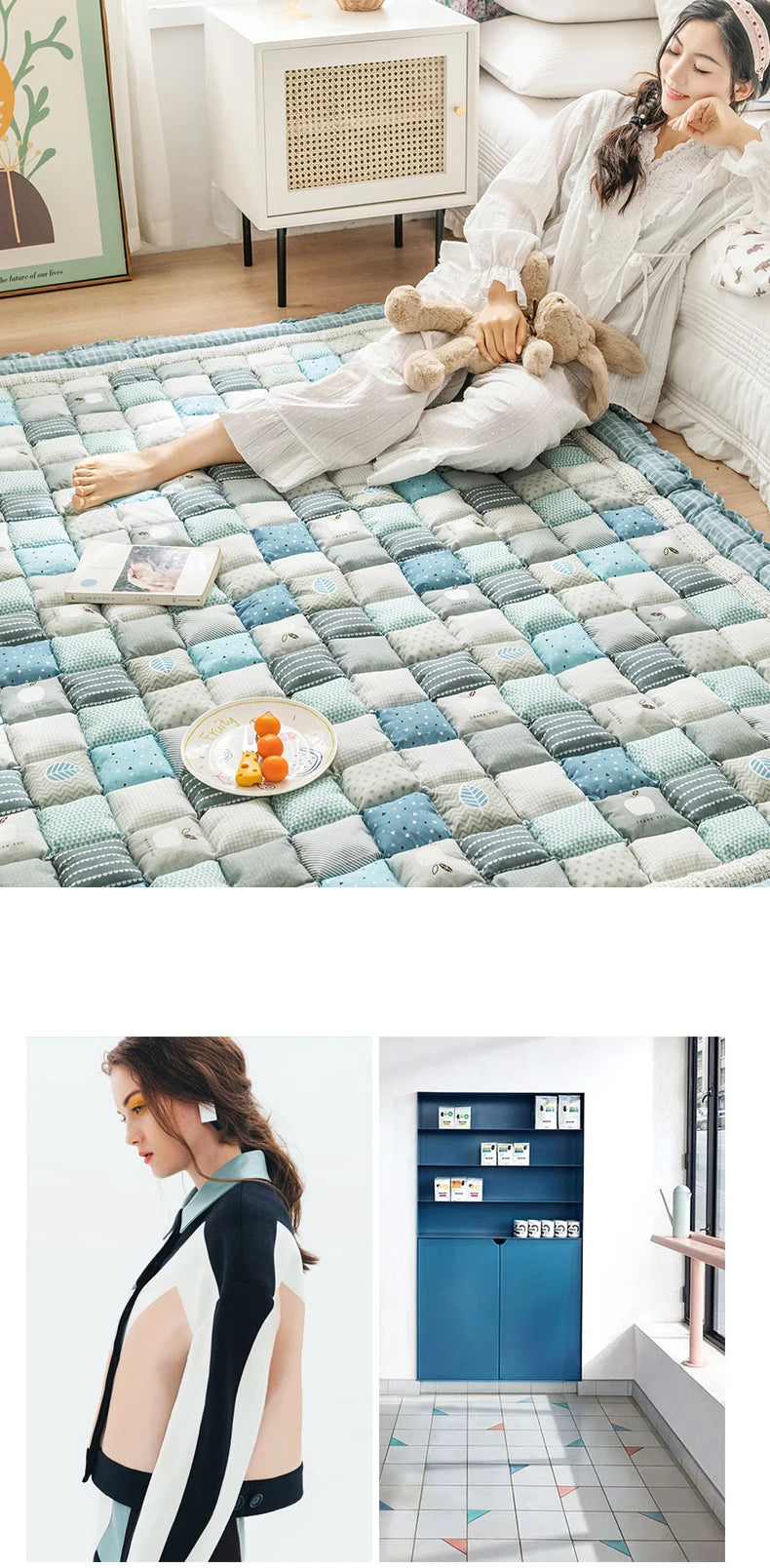Large Thick Cotton Quilted Rugs for Living Room Anti Slip Bedroom Bedside Carpet Rugs Winter Warm Floral Print Tatami Floor Mats