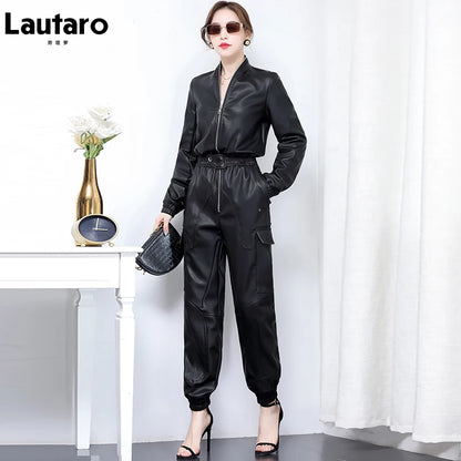 Lautaro Spring Long Black Soft Faux Leather Jumpsuit Women Long Sleeve Zipper Jumpsuits for Women Womens Fall Fashion 2021