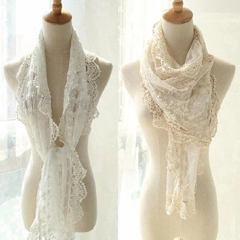 Korean Style New Women Lace Flower Scarf Autumn Lady White Black Solid Color Long Scarves Soft Shawl Foulard Female Wrap Shawls