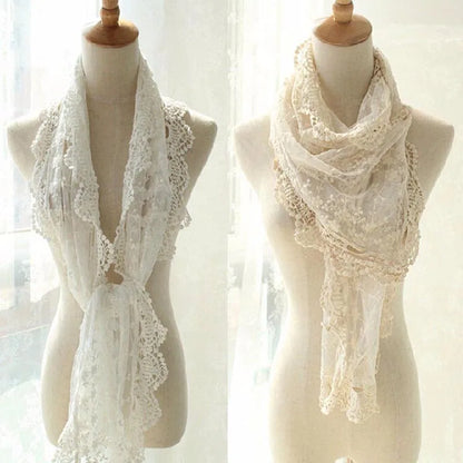 Korean Style New Women Lace Flower Scarf Autumn Lady White Black Solid Color Long Scarves Soft Shawl Foulard Female Wrap Shawls