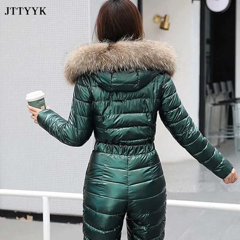 One Piece Ski Suit Women Jackets Winter Hooded Parka Jumpsuit Women Cotton Bodysuit Sashes Jumpsuits Zipper Overalls Tracksuits