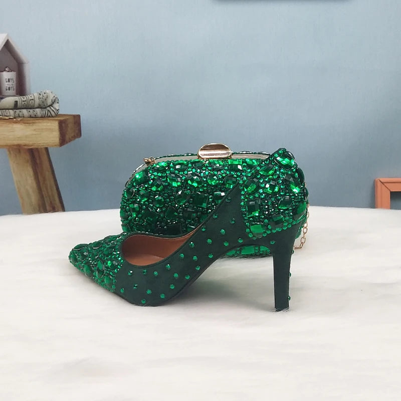 BaoYaFang 2022 NEW ARRIVE Green Crystal Wedding Shoes Woman Thin Heel Pointed Toe Bridal Party Dress Shoe Big Size High Pumps