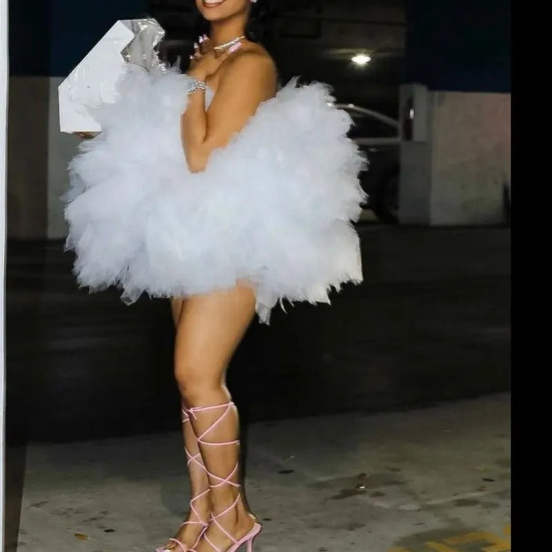Mini Short WhiteTulle Dress Yong Girls Homecoing Wear Ball GownChic Puffy  Tulle Dress Birthday Robes  FOr Phot Shoot Beach Gown