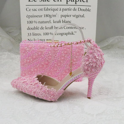 AB Pink Pearl Flower Wedding Shoes With Matching Bags High Heels Pointed Toe Ankle Strap Ladies Party Shoe and Bag Set