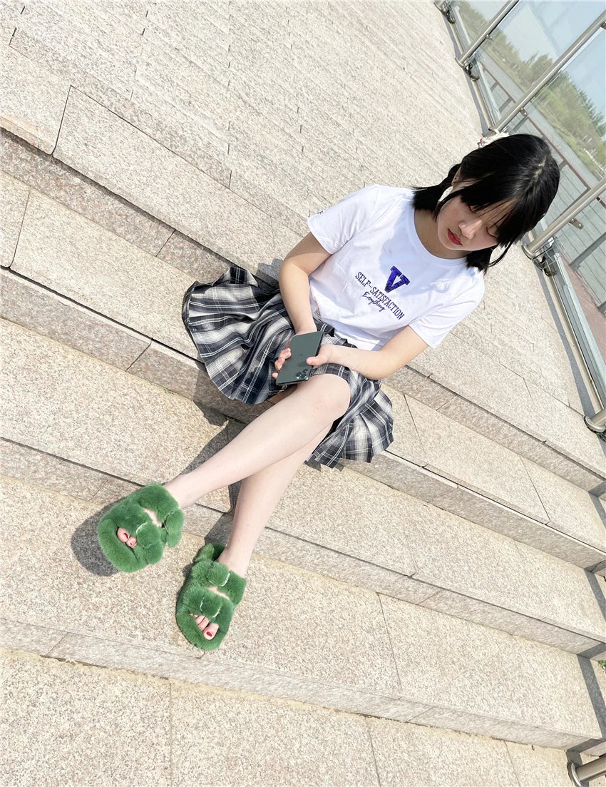 Slippers Ladies Summer Fluffy Mink Fur Slippers 100% Mink Fur Slippers Ladies Sandals 2021 Home Slippers Girls Outdoor Slippers