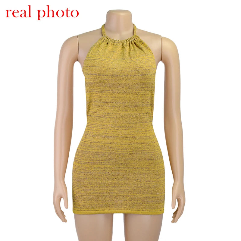 Cryptographic Halter Sexy Backless Mini Dresses Bodycon Skinny Club Party Sleeveless Knitted Dress Fall Streetwear Beach Holiday