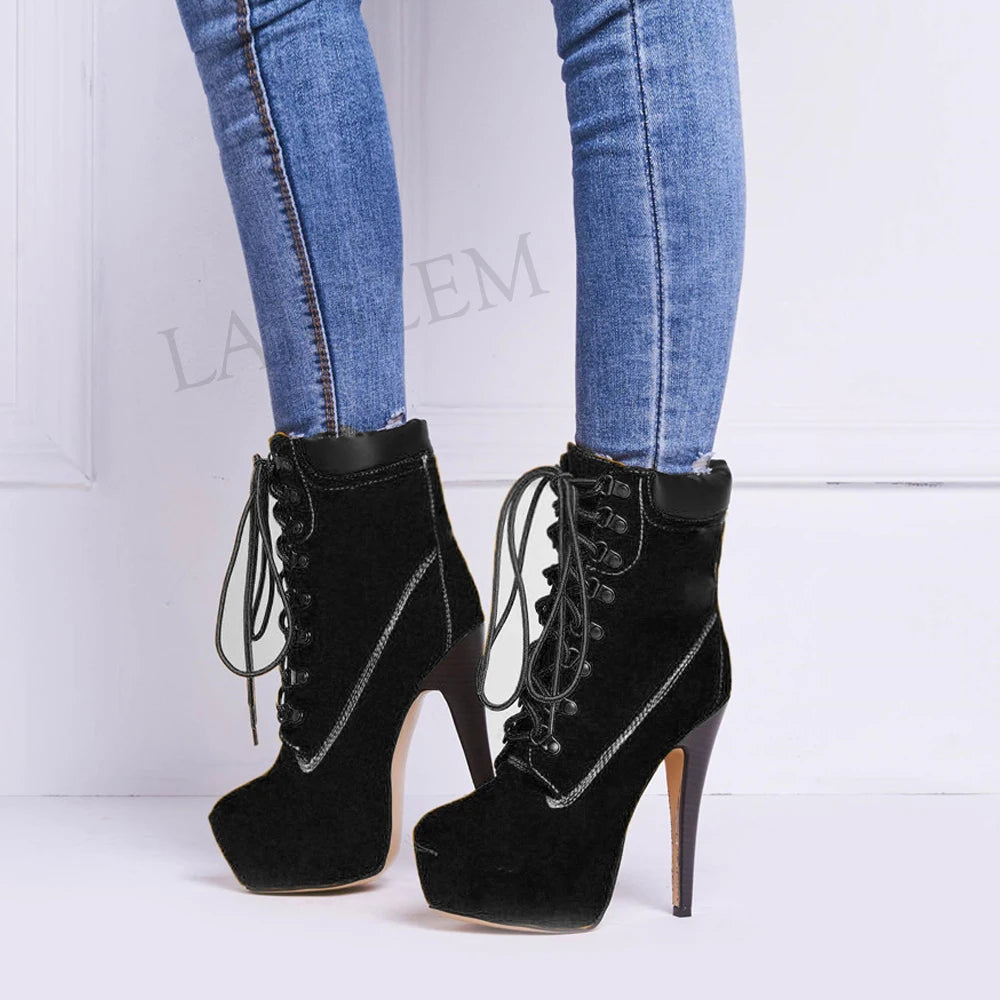 LAIGZEM Women Platform Booties Stiletto Heel Lace Up Ankle Boots Chaussure Shoes Woman Botas Mujer Ladies Large Size 39 46 50 52