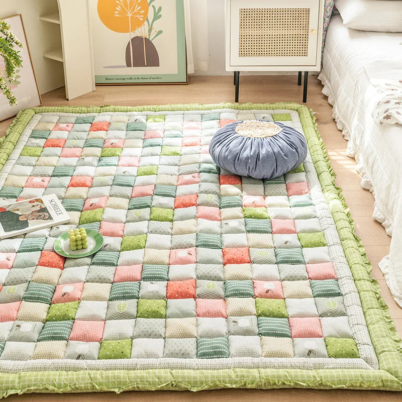 Large Thick Cotton Quilted Rugs for Living Room Anti Slip Bedroom Bedside Carpet Rugs Winter Warm Floral Print Tatami Floor Mats