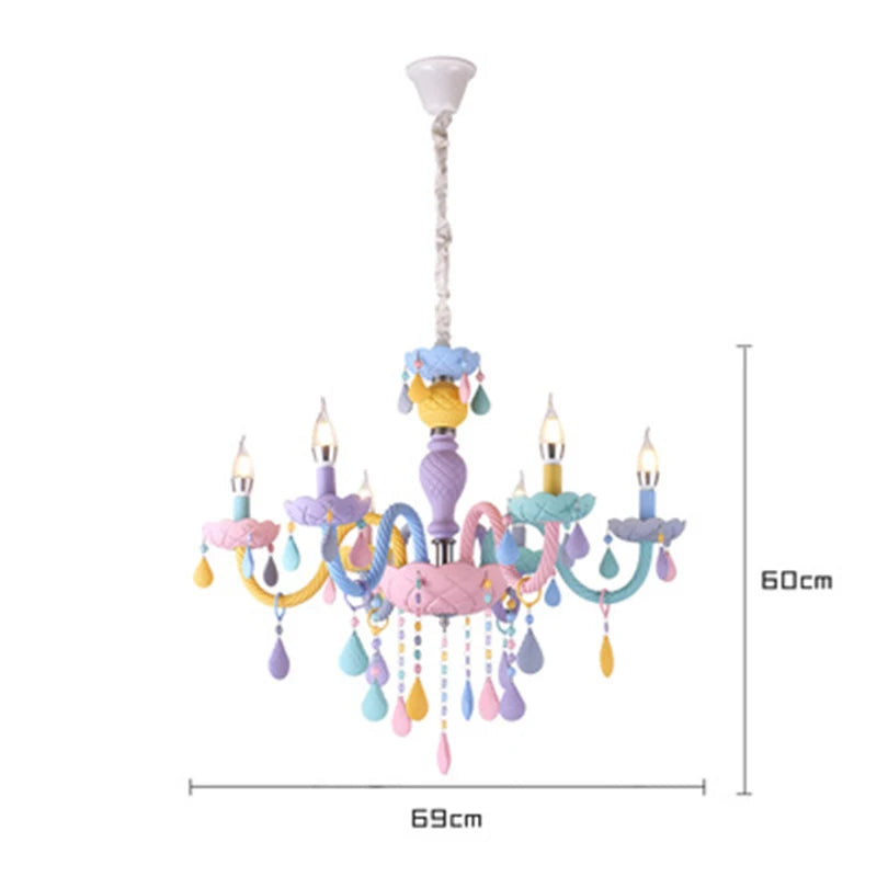 Rainbow Crystal Chandelier European Candle Lustres Bedroom Children's Room American LED E14 8 Lights Princess Makaron Kid Lamps