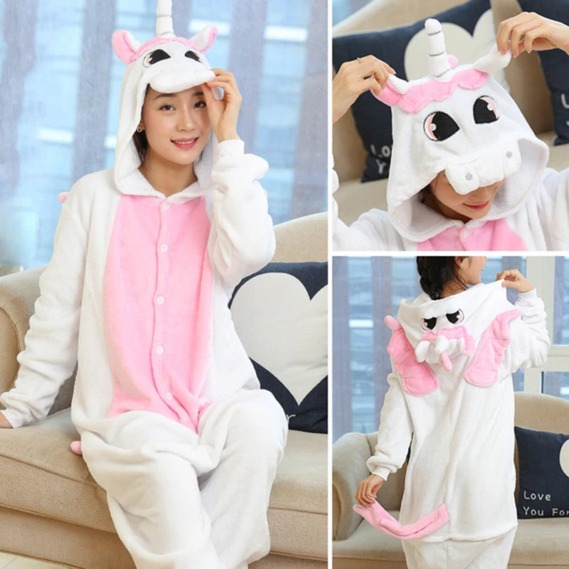 Adults and Children's Kigurumi Animal Onesies Unicorn Bear Pajamas Cartoon Frog Panda Women Men Warm Flannel Hooded Sleepwear