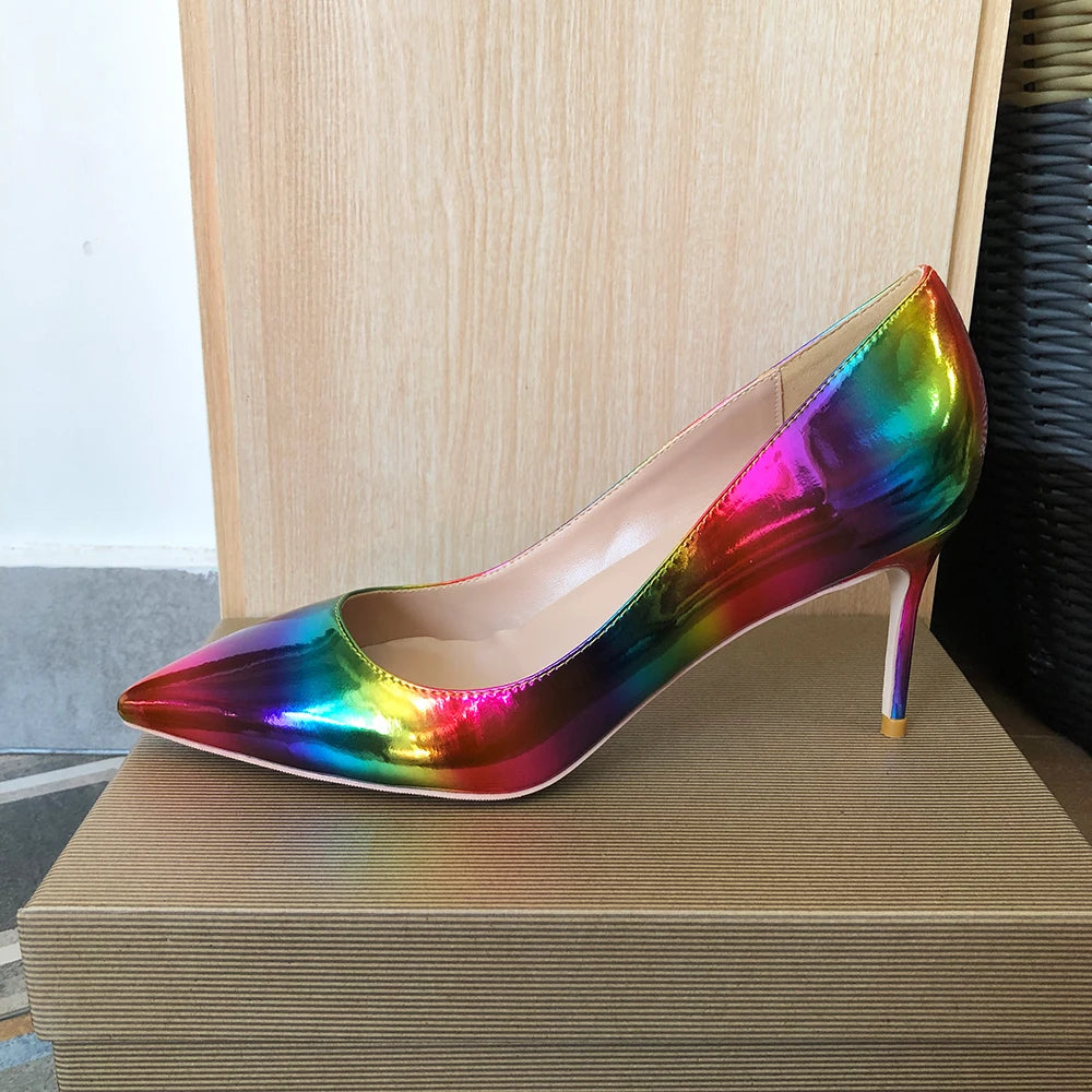 Veowalk Artsy Glossy Colorful Print Women Pointed Toe High Heels Ladies Slip On Stilettos Pumps Sexy Night Club Thin Heel Shoes