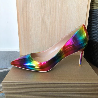Veowalk Artsy Glossy Colorful Print Women Pointed Toe High Heels Ladies Slip On Stilettos Pumps Sexy Night Club Thin Heel Shoes