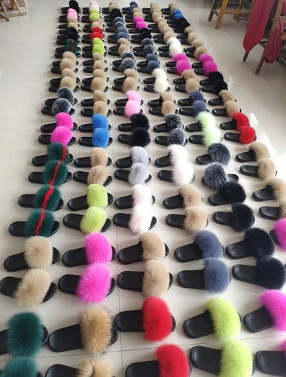 Women Summer Casual Fluffy Slippers With Fur Flat Non-Slip Real Fox Fur Furry Slides Large Size Shoes Fur Sandals