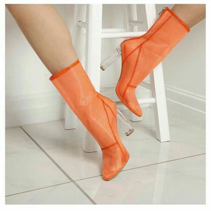 New Mesh Neon Green Sandal Boots Women Sexy Over The Knee Boots Pointed Toe High Heels Party Shoes Woman Thigh High Boots