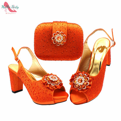 Buckle Strap Sandals Nigerian Women Shoes and Bag Set in Yellow Color with Shinning Crystal Italian Lady Shoes and Bag for Party