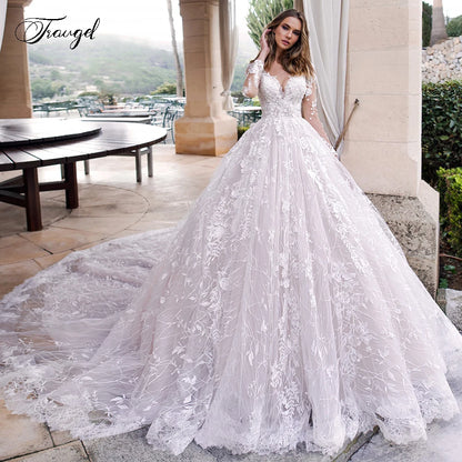 Customized Scoop A Line Lace Wedding Dresses Elegant Applique Long Sleeve Bride Dress Cathedral Train Bridal Gown Plus Size
