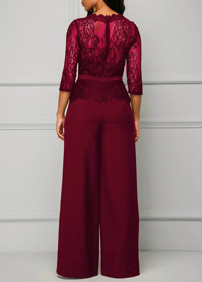 Elegant Sexy Jumpsuits Women Long Sleeve Lace Patchwork Jumpsuit Loose Trousers Wide Leg Pants Rompers Holiday Black Overalls