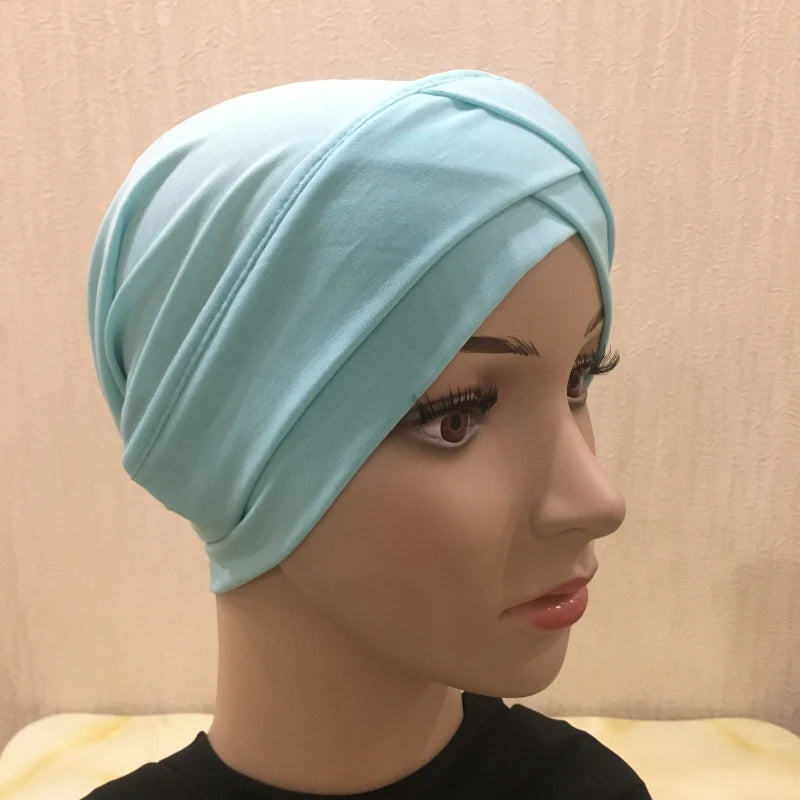 H117 Forehead criss Cross Muslim Turban Pure Color Stretch Inner Hijabs For Caps Ready To Wear Women Head Scarf Under Bonnet