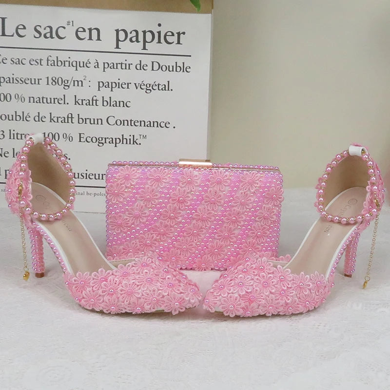 AB Pink Pearl Flower Wedding Shoes With Matching Bags High Heels Pointed Toe Ankle Strap Ladies Party Shoe and Bag Set
