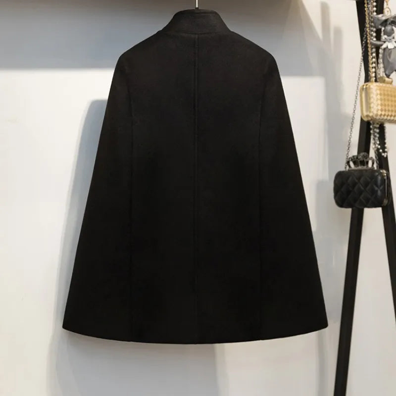 New Winter Women Double Breasted Cape Woolen Blends Elegant Ladies Coat Stand Collar Cloak Outwear Coats Vintage Overcoat