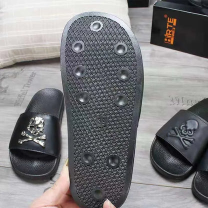 Summer Fashion Men's Leather Slippers Couple Beach Shoes Skull Sandals Slippers Antiskid Open Toe Flip Flops Big Size Slides