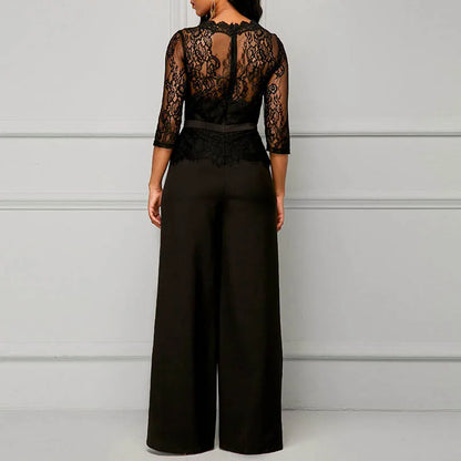 Sexy Lace Hollow Out Jumpsuits Women Spring Autumn Solid O-neck Half Sleeve Party Rompers Elegant Office Lady Wide Leg Overalls