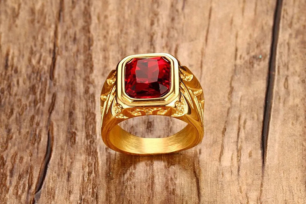 Square Red gemstones zircon diamonds rings for men 18K gold color titanium stainless steel luxury jewelry bijoux bague accessory