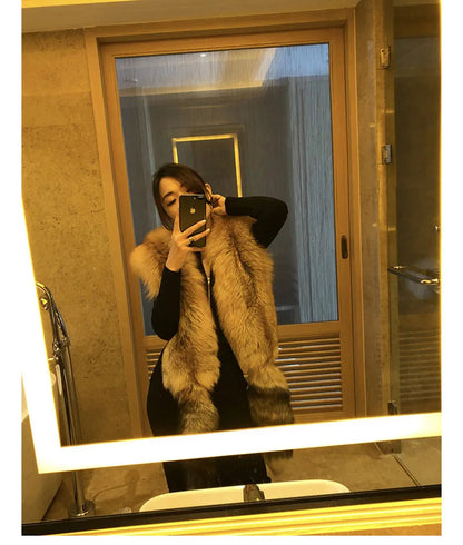 MS.Minshu Long Natural Fox Fur Scarf  Genuine Fur Boa Whole Fox Stole with Tails