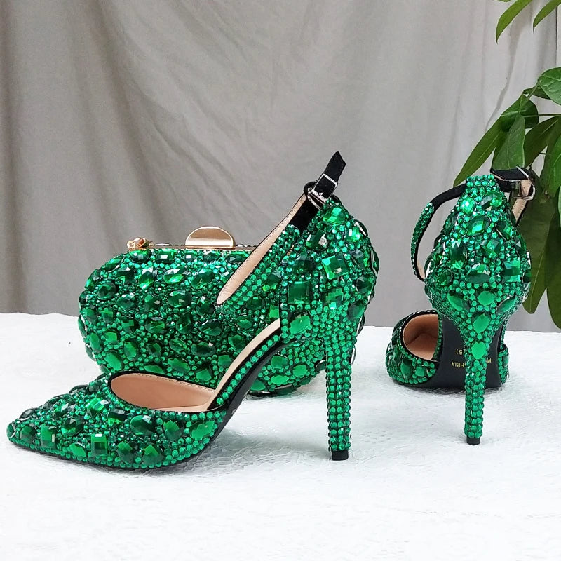 BaoYaFang 2022 NEW ARRIVE Green Crystal Wedding Shoes Woman Thin Heel Pointed Toe Bridal Party Dress Shoe Big Size High Pumps