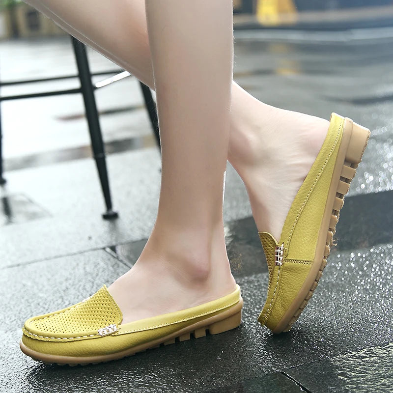 Women Casual Shoes Hollow Out Lady Half Lofers Genuine Leather Flats Moccasins Women Luxury Brand Half Slippers Zapatillas Mujer