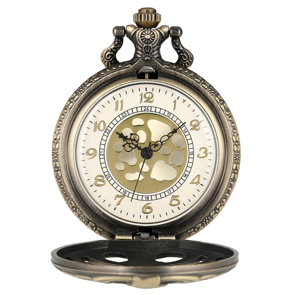 Retro Bronze Pocket Watch Hollow Case Quartz Design Steampunk Gold Arabic Dial Necklace Pendant Clock Men Women Reloj De Bolsill
