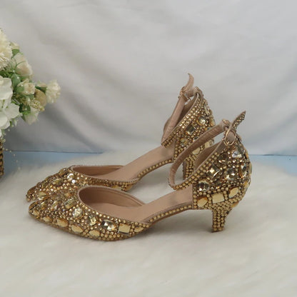 Customized Champagne Golden crystal women Wedding shoes Rhinestone high heels ankle strap shoes women party dress shoes