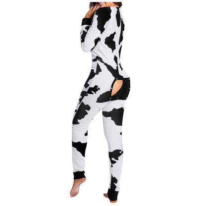 Sexy Women Pajamas Onesies Button-down Front Buttoned Flap Adults Pyjama Plaid Cow Print V-neck Long Sleeve Jumpsuit Sleepwear
