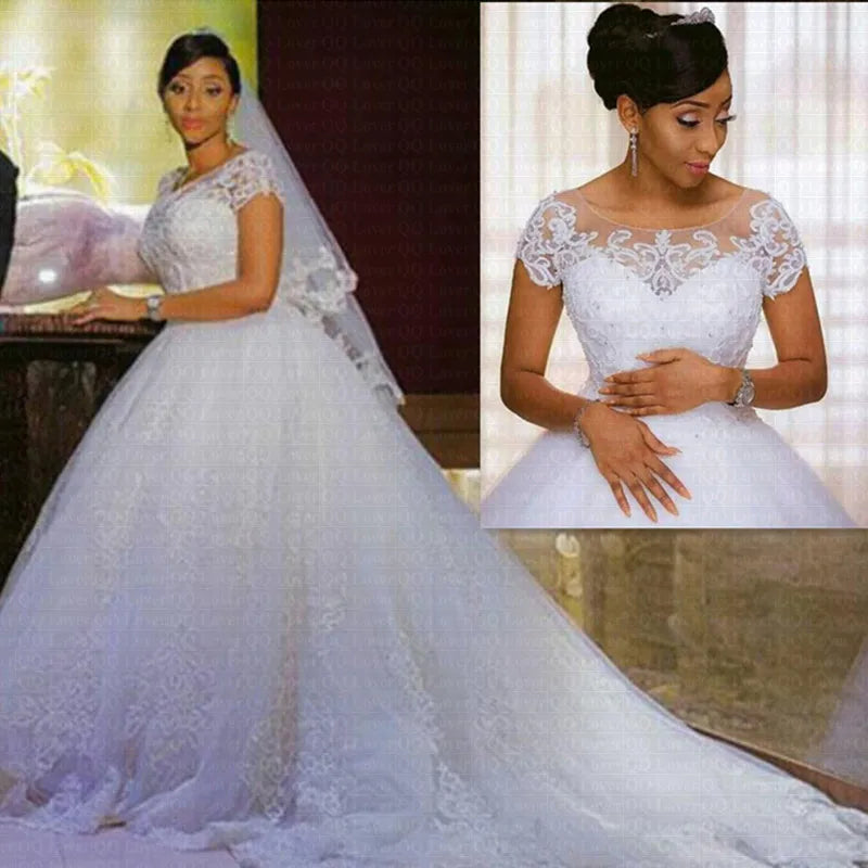 Customized Vestido De Noiva Vintage Lace Appliques Ball Gown African Wedding Dresses Short Sleeves Robe De Mariee Bride Dress