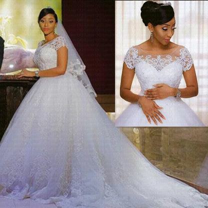 Customized Vestido De Noiva Vintage Lace Appliques Ball Gown African Wedding Dresses Short Sleeves Robe De Mariee Bride Dress