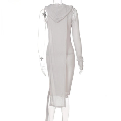 Fall Spring Clubwear Tight Dress One Sleeve Knit Asymmetric Midi Dresses Skinny Ribbed Hooded Streetwear Baddie Clothes
