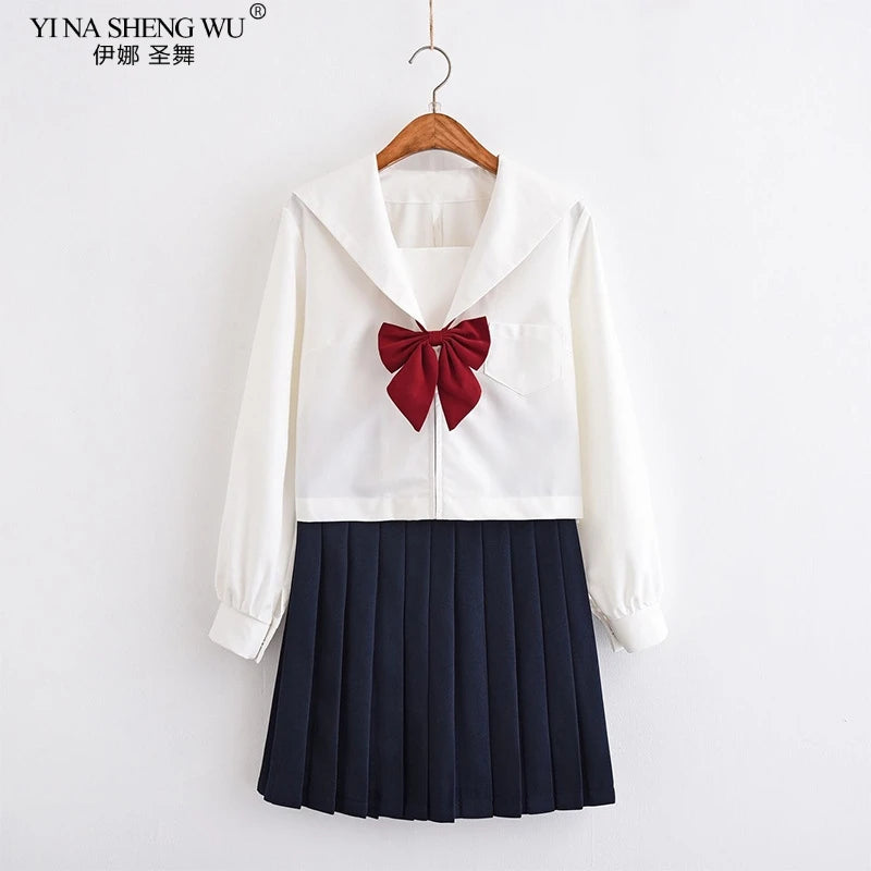 White Japanese Anime High School Girls Student JK Uniforms Cosplay Costume Navy Uniform Pleated Skirt Sailor Suit Korean Style